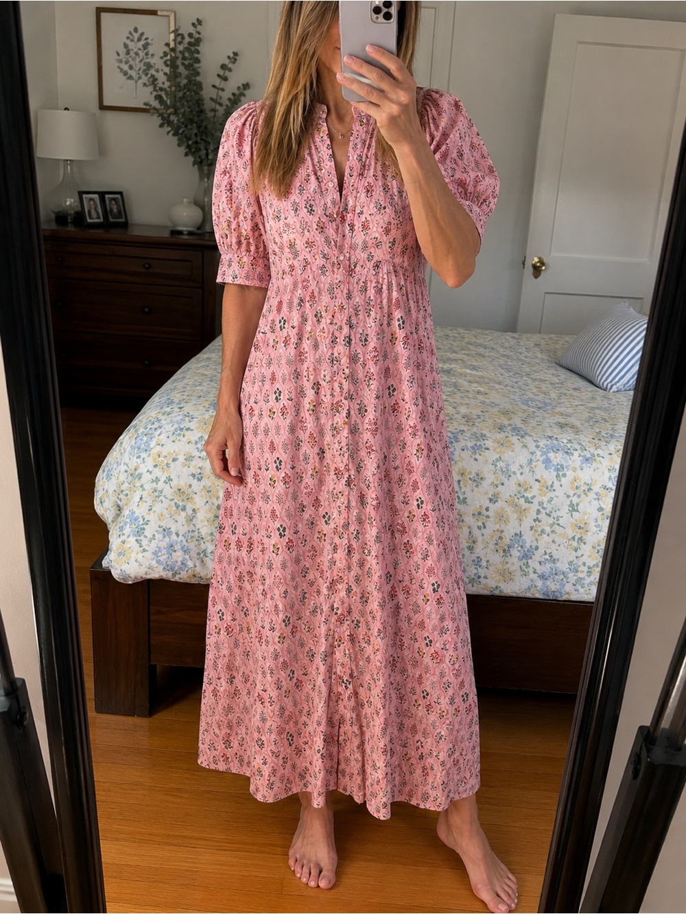 Fate Pink Floral Maxi Dress with Puff Sleeves